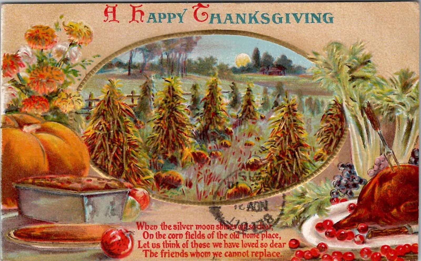 Postcard Happy Thanksgiving When the Silver Moon Shines on So Dear 1910 embossed