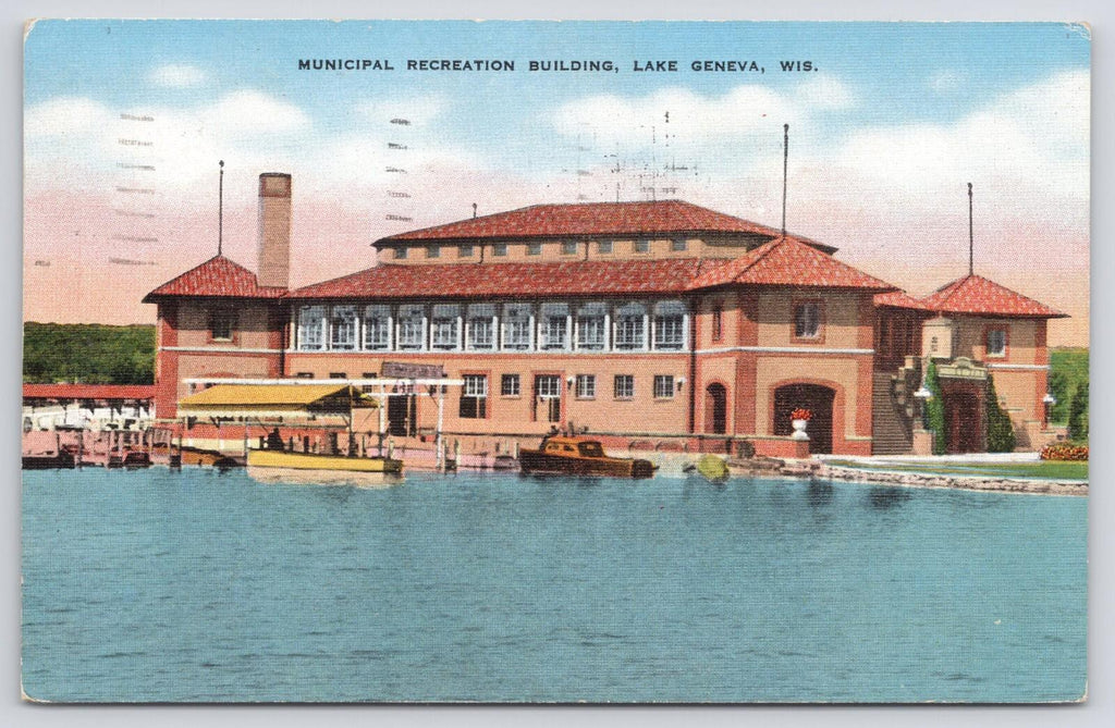 Postcard Municipal Recreation Building Lake Geneva Wis EC Kropp Natural Color
