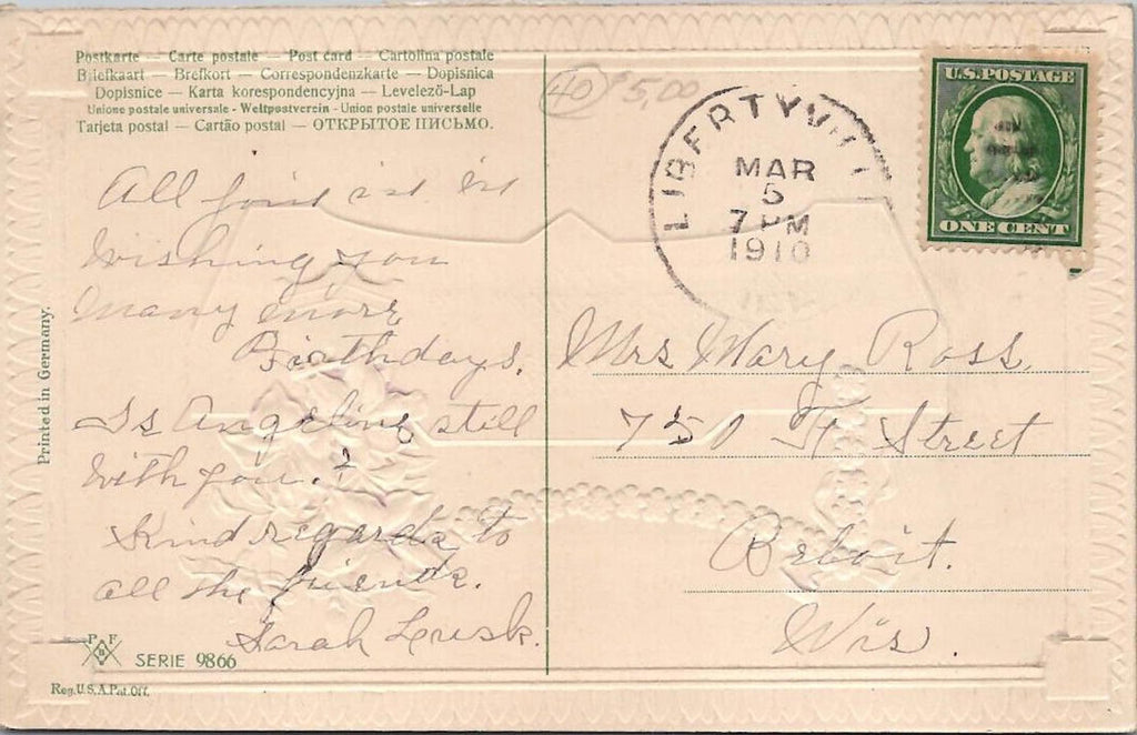 Postcard Wishing you Many Happy Birthdays Made in Germany PM MAR 5 1910