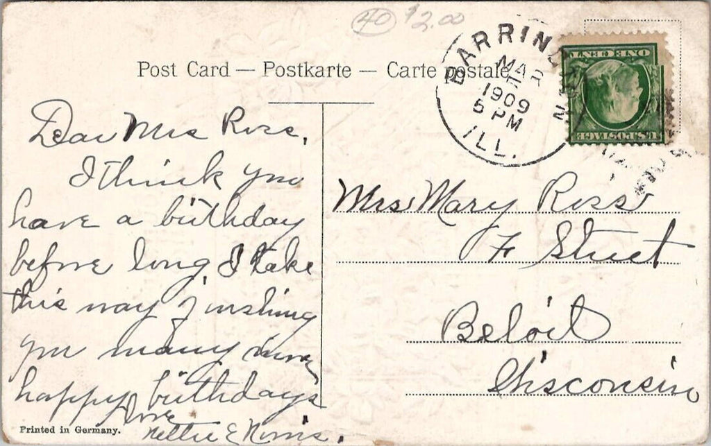Postcard Birthday Greetings Blue Floral Trolley Car PM Barrington ILL MAR 5 1909