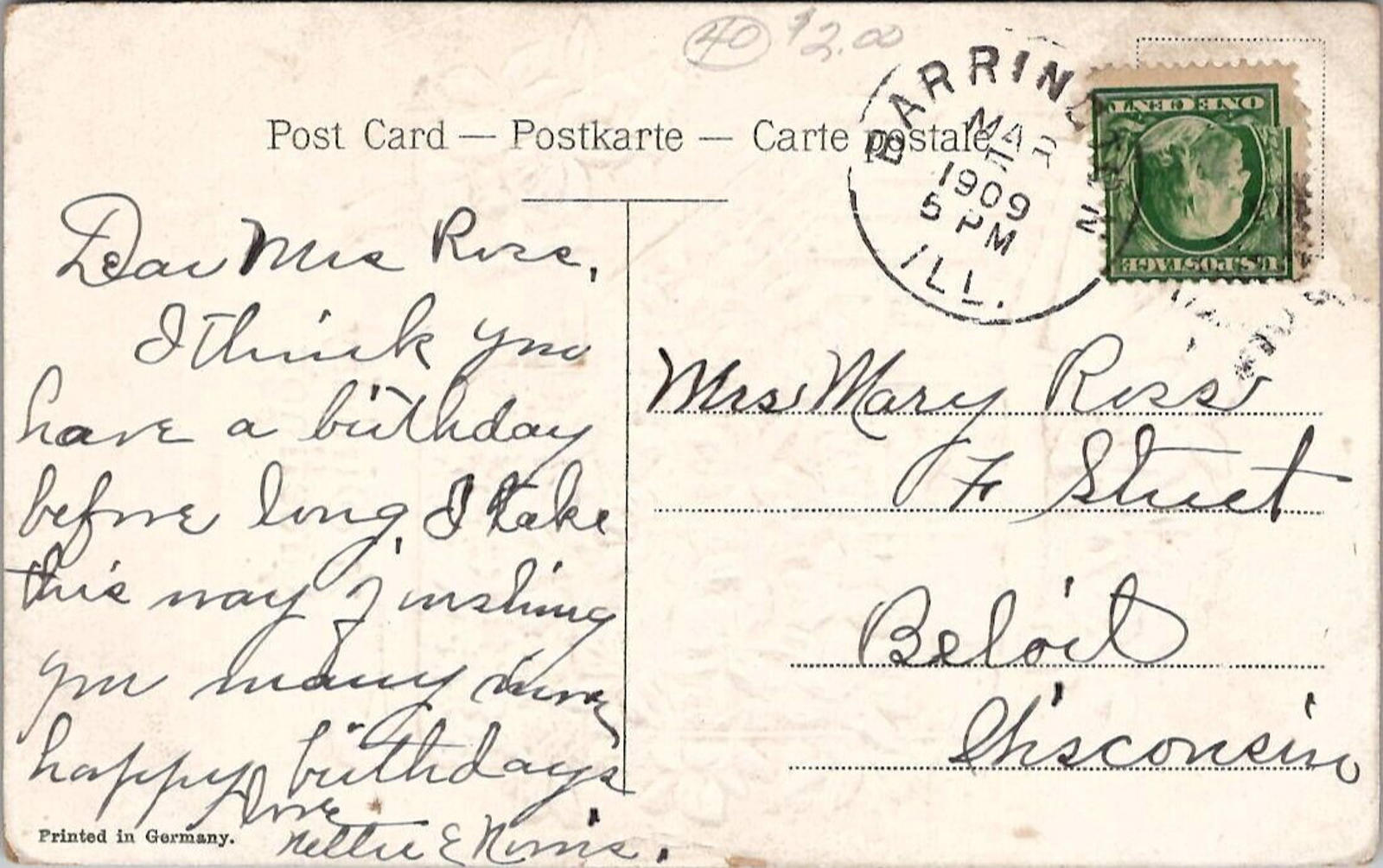 Postcard Birthday Greetings Blue Floral Trolley Car PM Barrington ILL MAR 5 1909