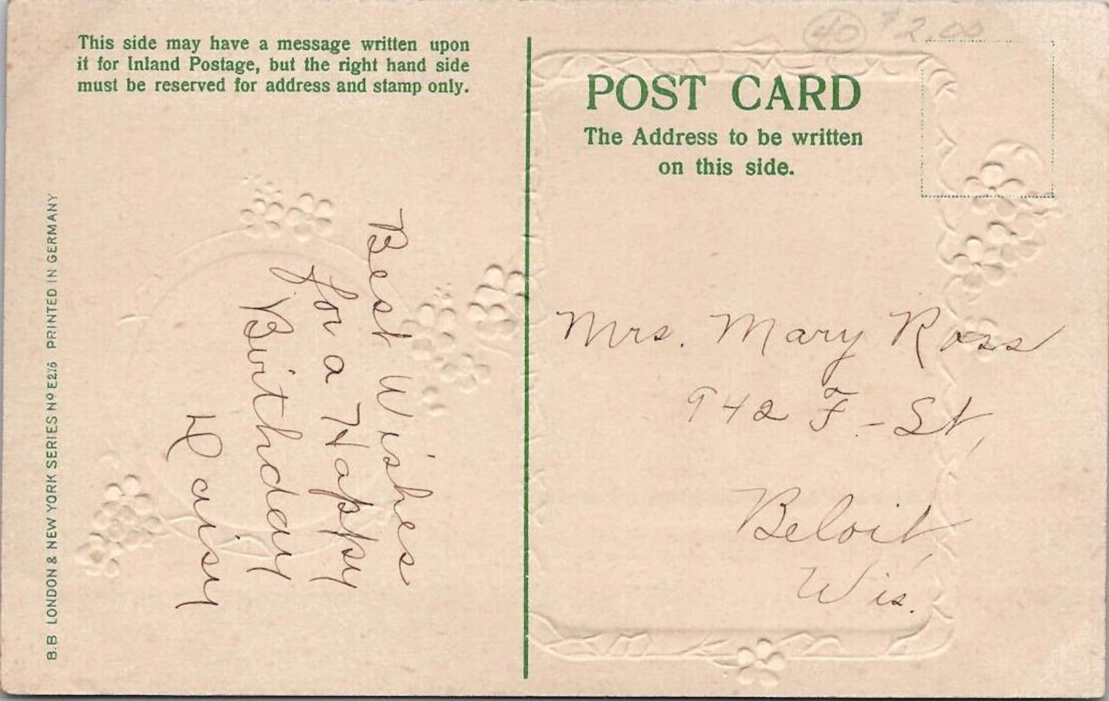 Postcard A Loving Greeting Embossed BB London & New York Series No E276