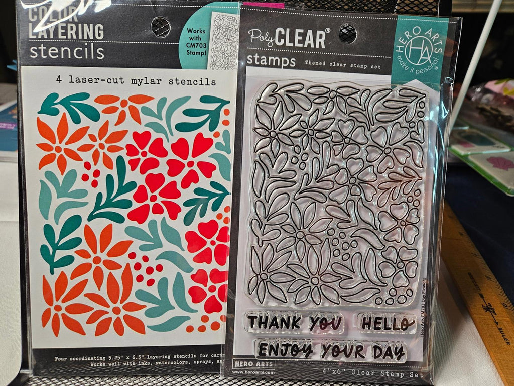 Bundle Hero Arts Day Flowers Stamp Set CM703 & Layering Stencil Set SA239 Theme