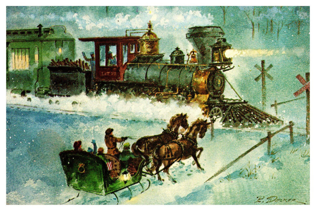 Vintage Winter Scene Postcard Featuring Horse-Drawn Sleigh and Train P Decker