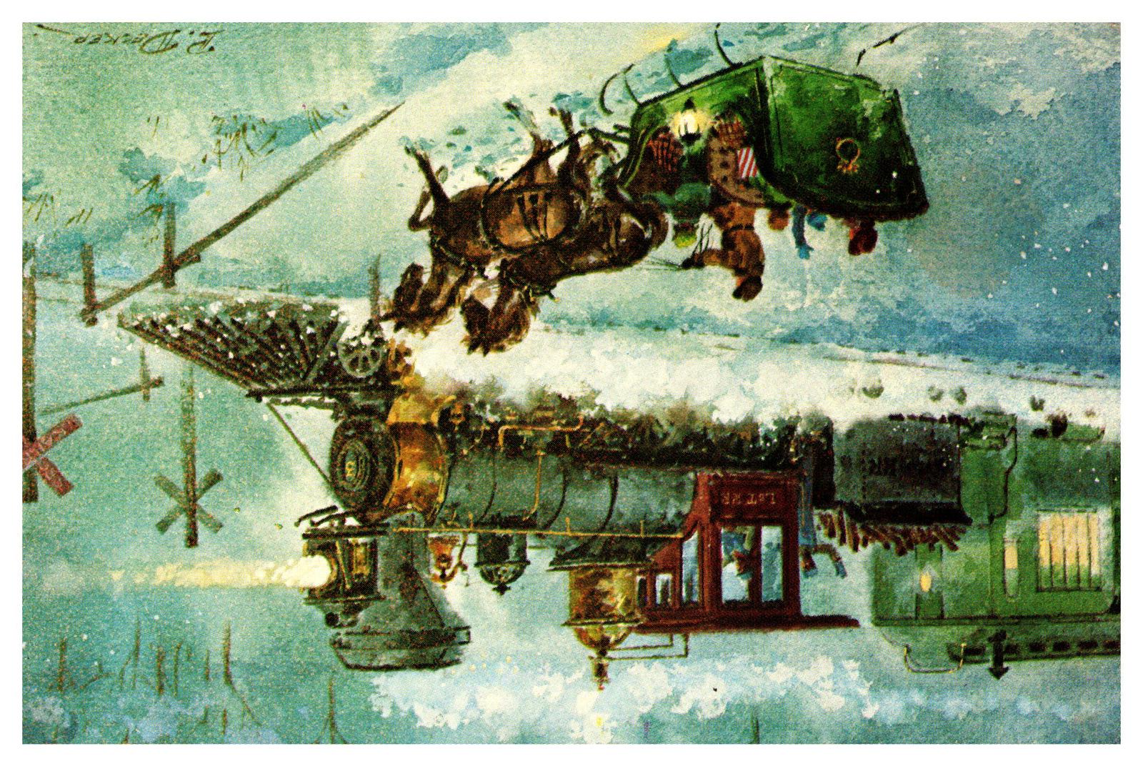 Vintage Winter Scene Postcard Featuring Horse-Drawn Sleigh and Train P Decker
