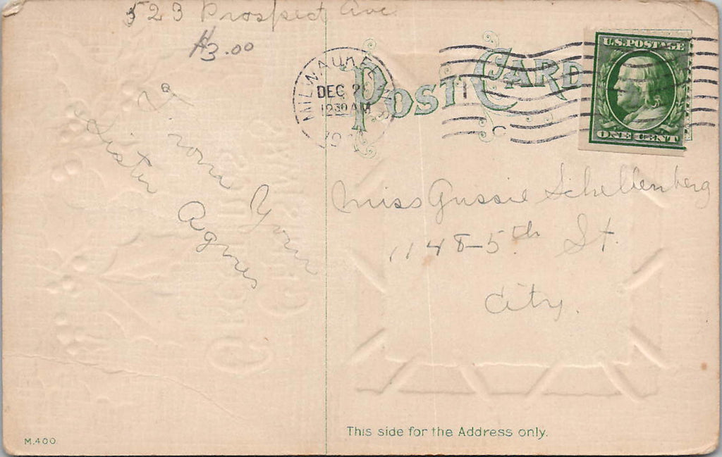 Antique Divided Back Christmas Greetings Postcard PM Milwaukee Wis embossed