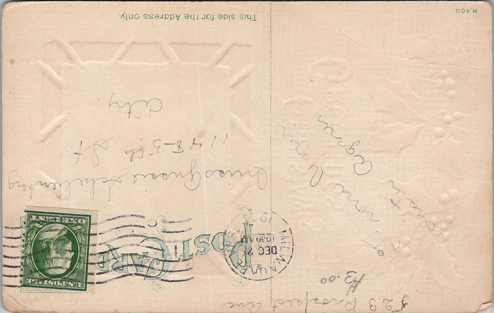 Antique Divided Back Christmas Greetings Postcard PM Milwaukee Wis embossed