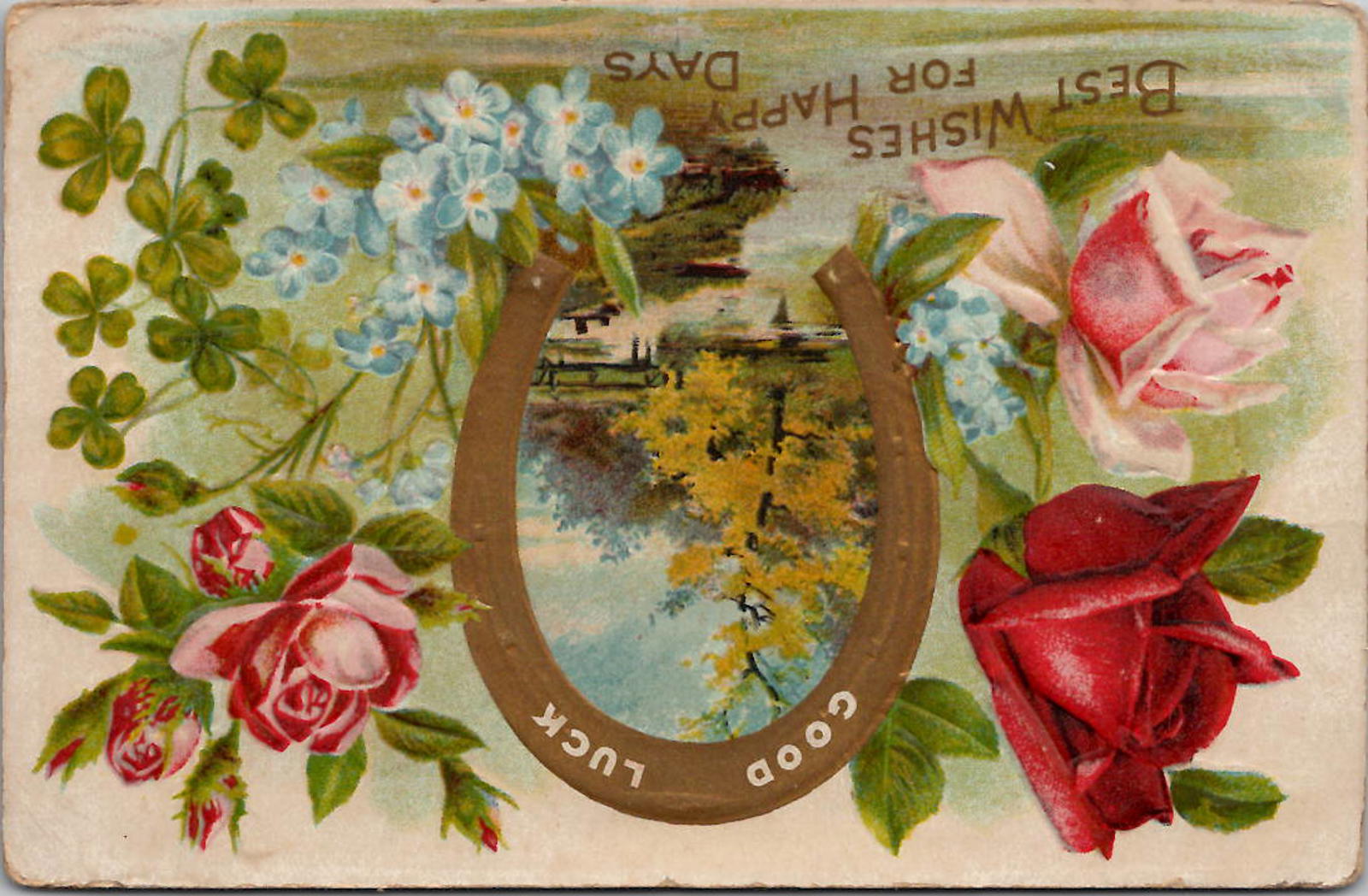 1909 Good Luck Postcard Floral and Horseshoe Design Best Wishes Happy Days