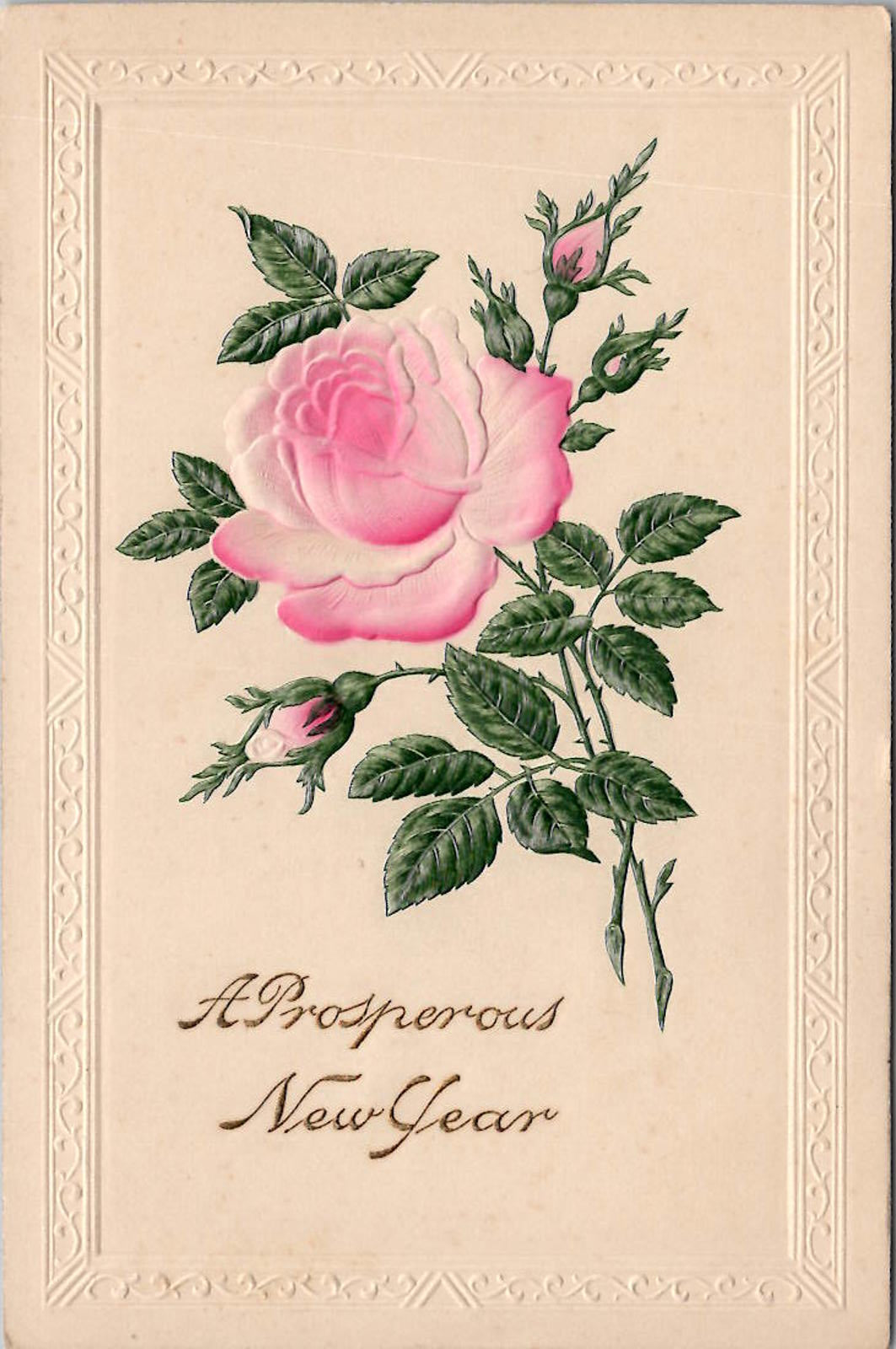 Vintage Embossed Greeting Postcard with Pink Rose A Prosperous New Year