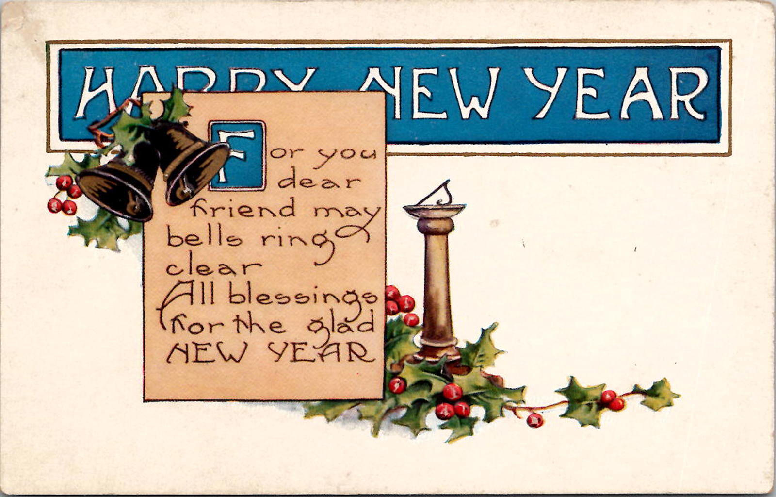 Vintage Happy New Year Postcard with Bells and Holly