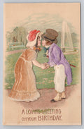 Postcard 1913 Db Felt Clothing Illustrated Children Kissing in Period Dress