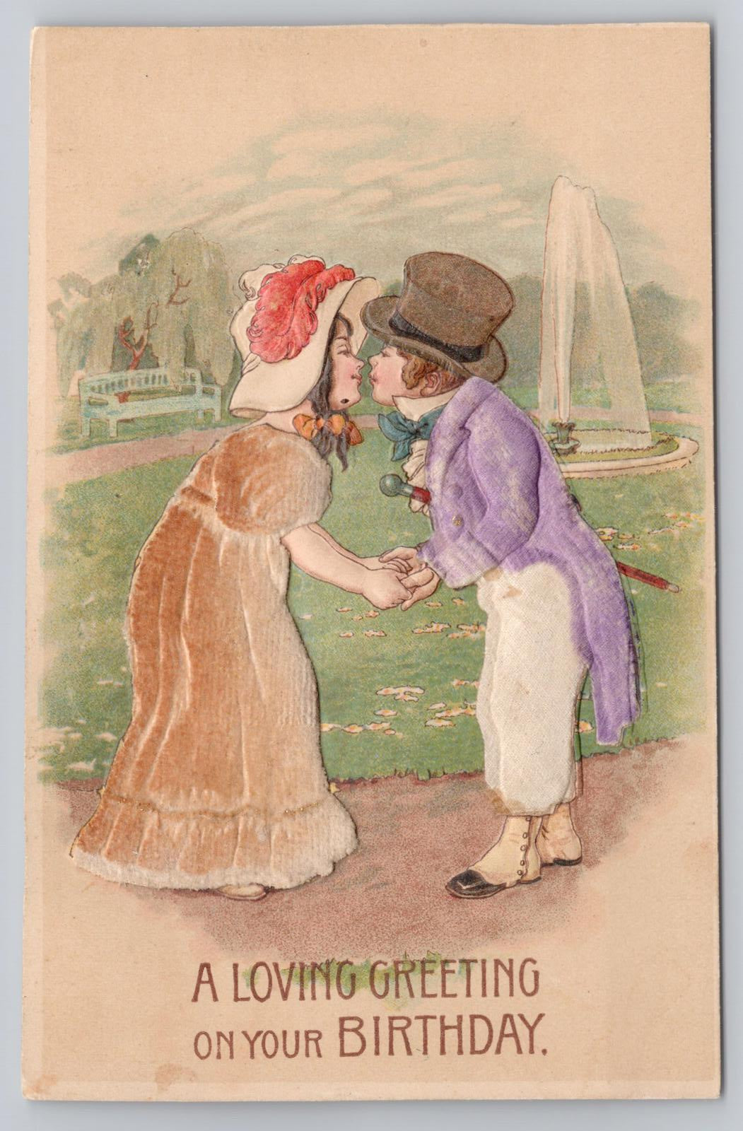 Postcard 1913 Db Felt Clothing Illustrated Children Kissing in Period Dress