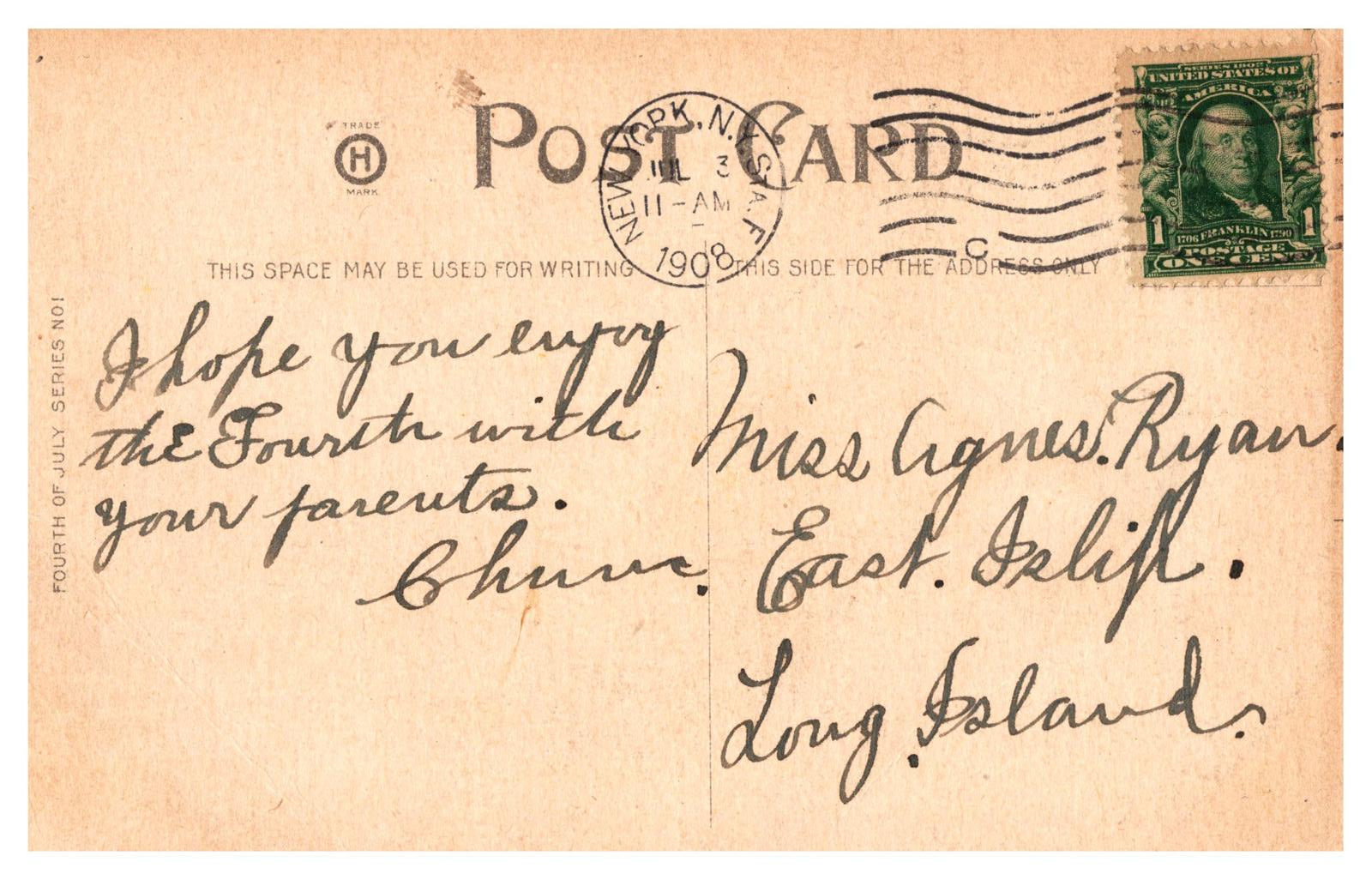 Postcard PM 1908 New York Fourth of July Series No 1 with Cartoon Illustration