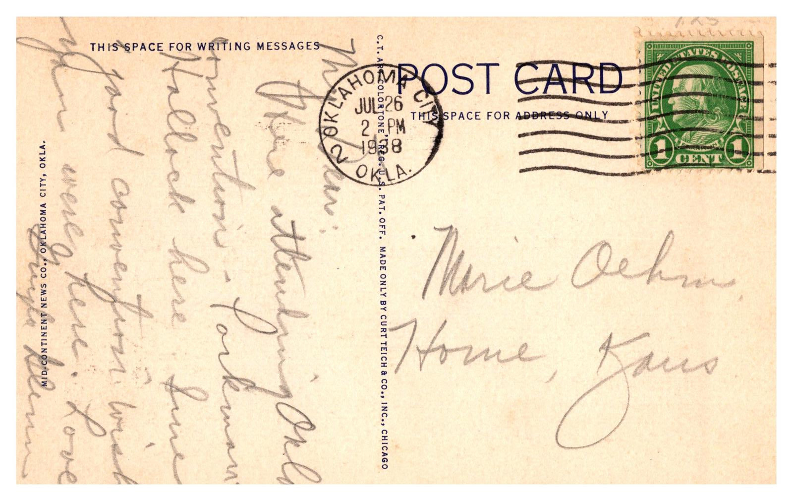 Linen Postcard Oklahoma City Union Station PM 1938 4A-H323 Okla Curt Teich Co