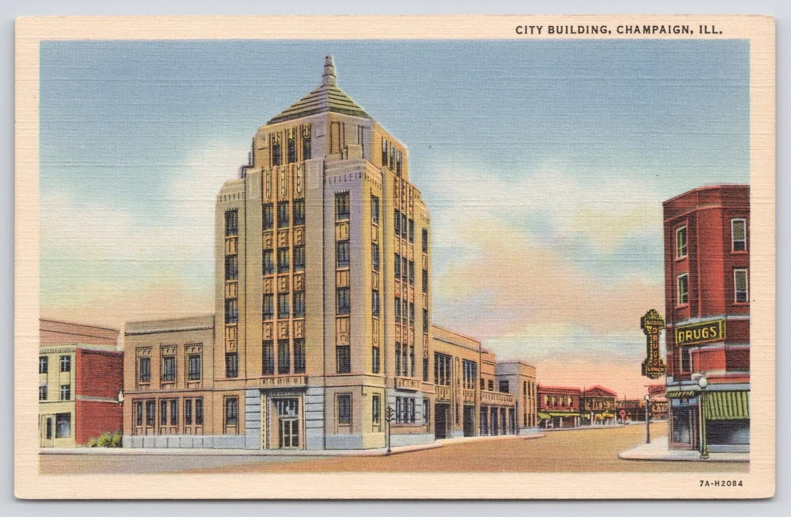 Postcard City Building Champaign ILL  Curteich Linen UNP