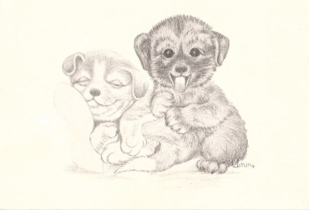 Postcard Drawn Two Puppies Art Reprint Ann Adams Polio Patient Signed