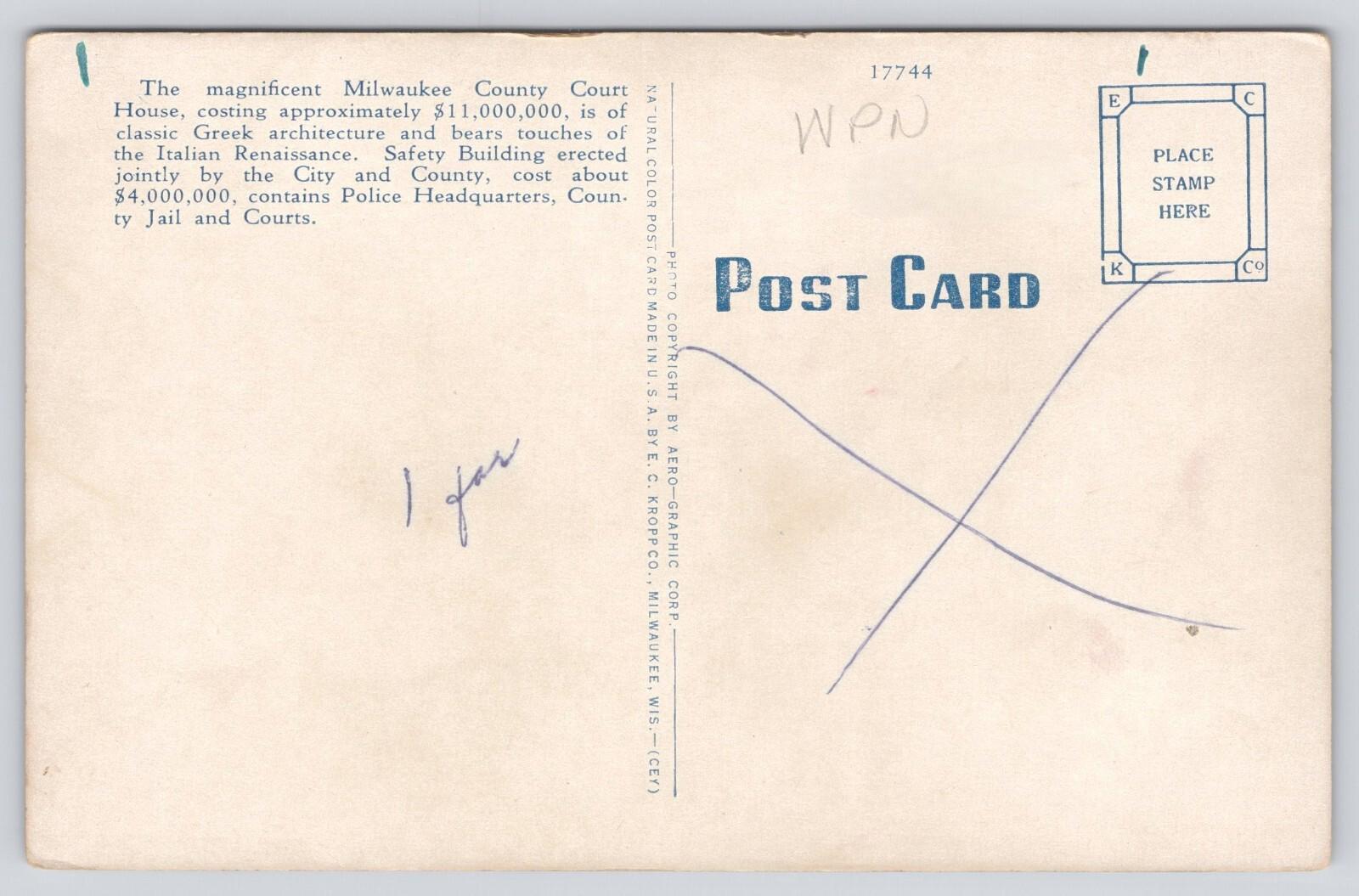 Postcard Court House and Safety Building Milwaukee Wis Police Jail Courts UNP