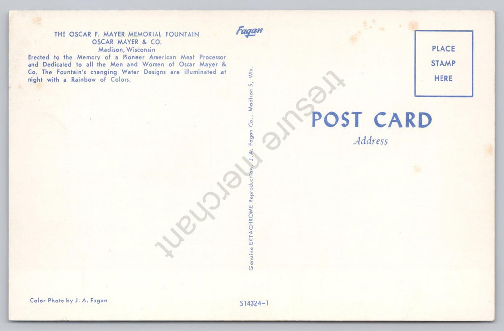 Postcard The Oscar F Mayer Memorial Fountain Madison Wisconsin J A Fagan NOS