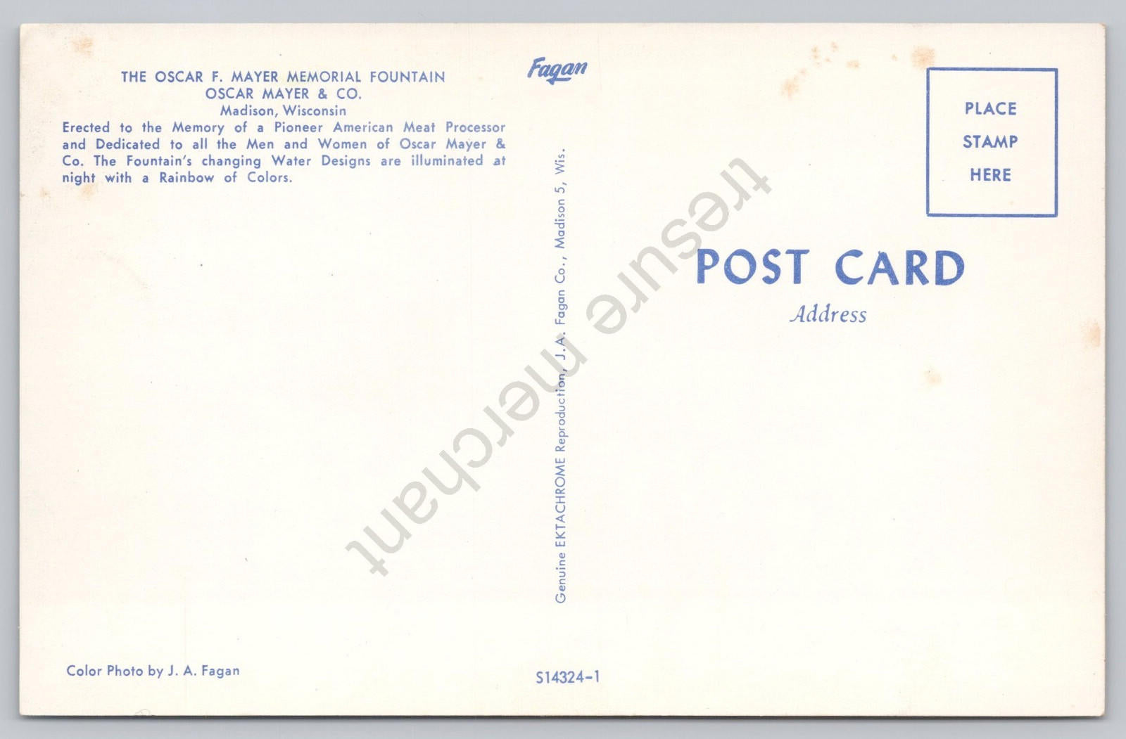 Postcard The Oscar F Mayer Memorial Fountain Madison Wisconsin J A Fagan NOS