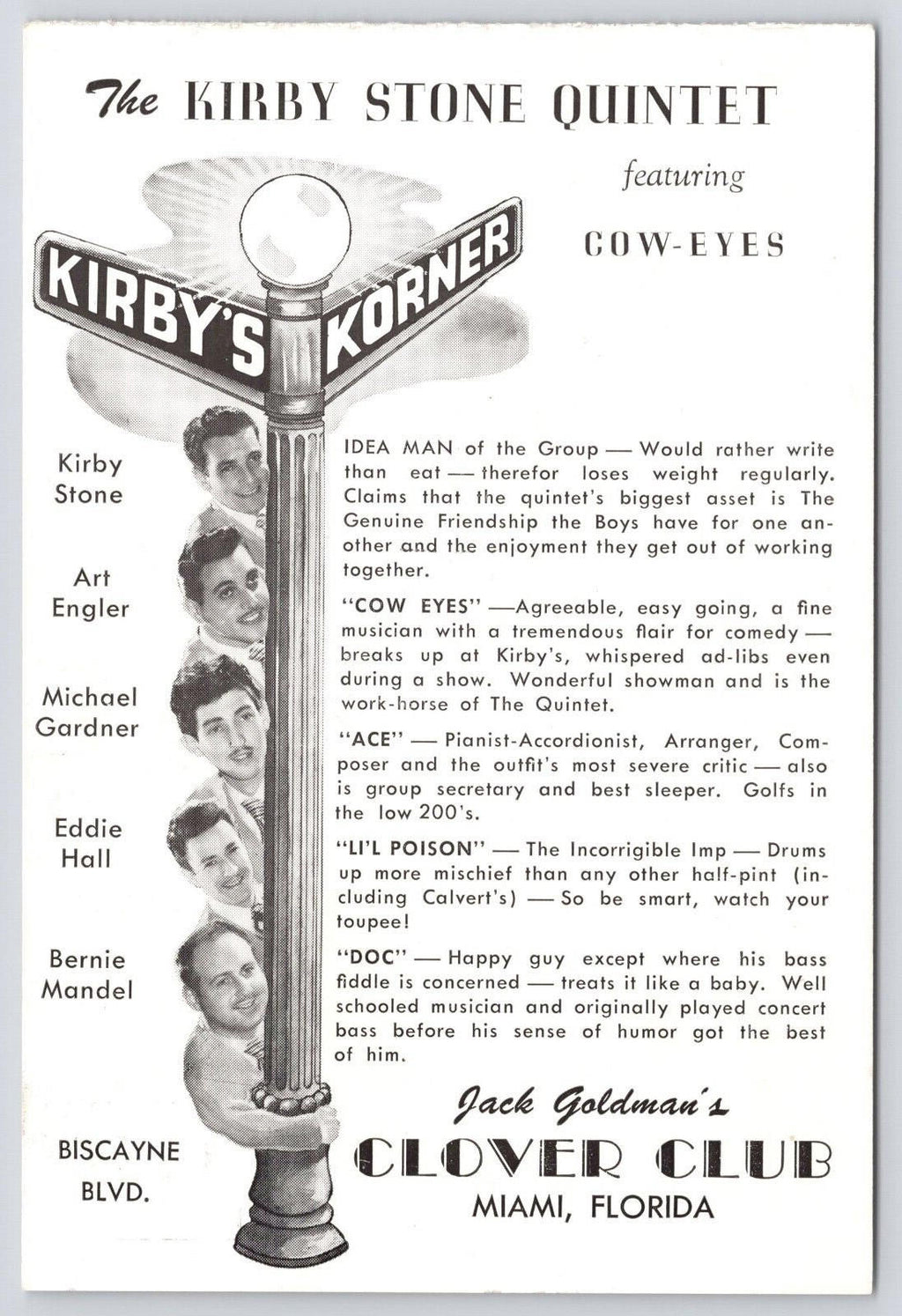 Postcard Kirby Stone Quintet Jack Goldman's Clover Club Miami Florida Cow-Eyes