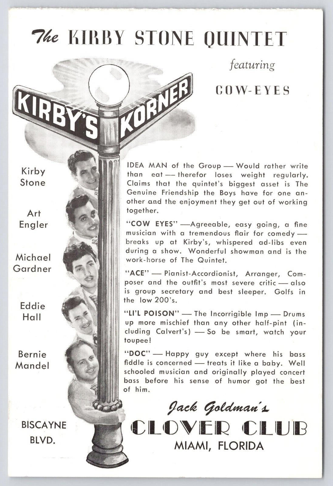 Postcard Kirby Stone Quintet Jack Goldman's Clover Club Miami Florida Cow-Eyes