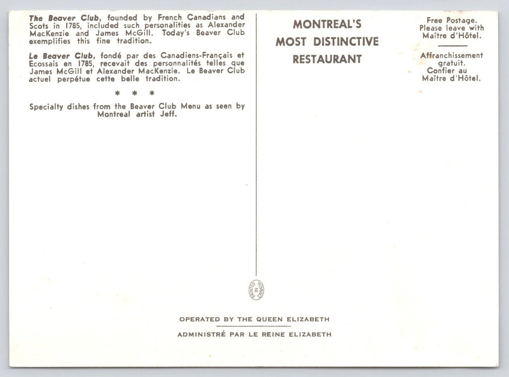 Postcard Cas-Lic Beaver Club Montreal Restaurant Operated by The Queen Elizabeth