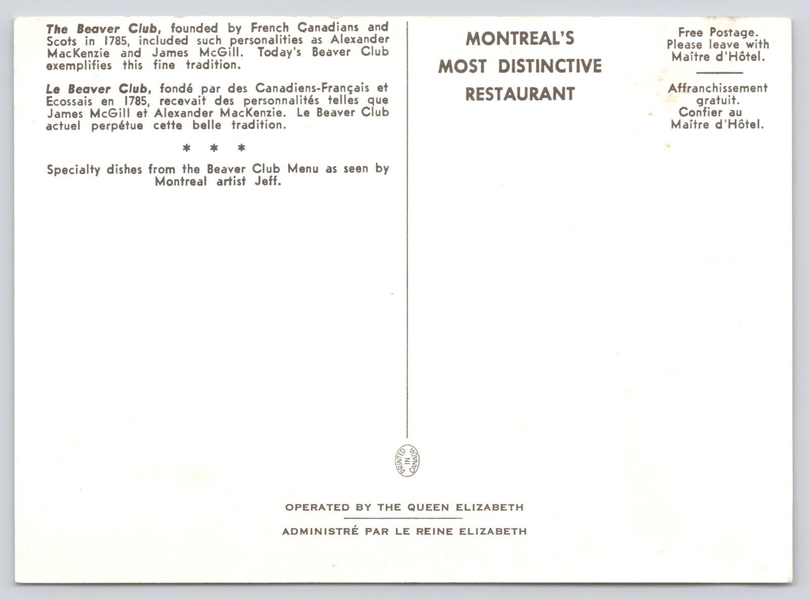 Postcard Cas-Lic Beaver Club Montreal Restaurant Operated by The Queen Elizabeth