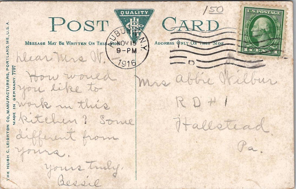 Postcard Kitchen Auburn Prison N.Y. Hugh C Leighton Germany 7797 PM Nov 15 1916