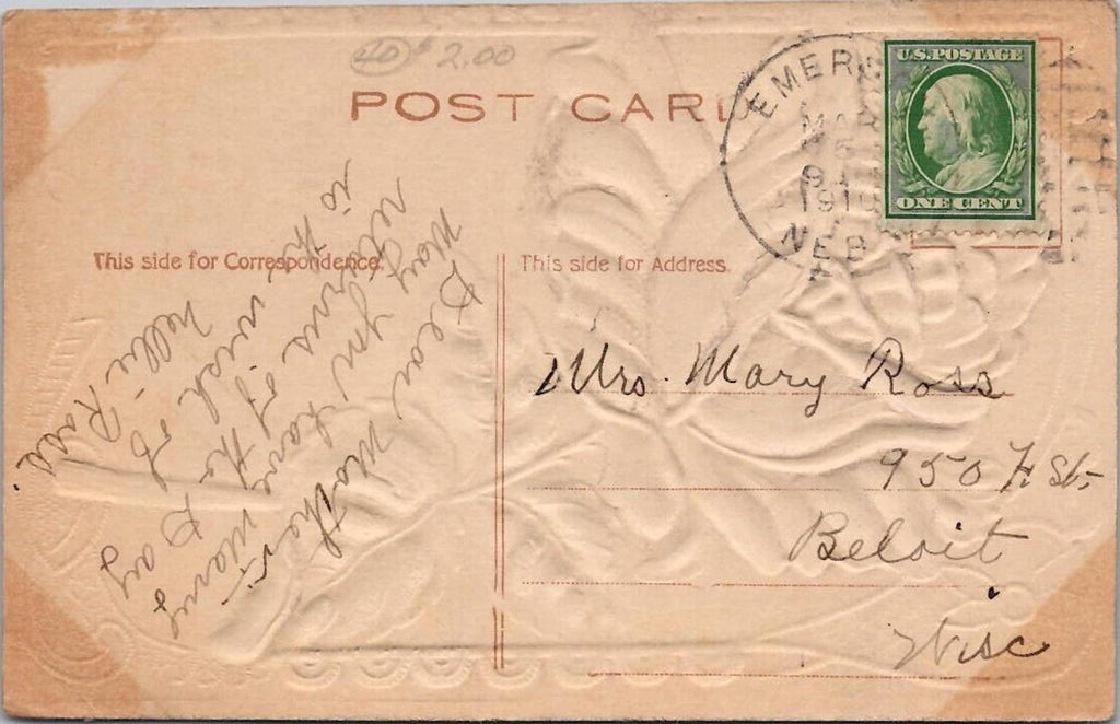 Postcard Birthday Greetings Lavender Rose Airbrushed PM Emery NEB MAR 5 1910
