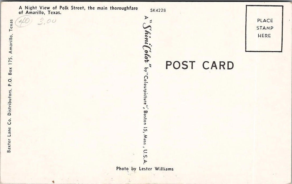 Night View Polk Street Amarillo Texas Photo Lester Williams Shini Color Postcard