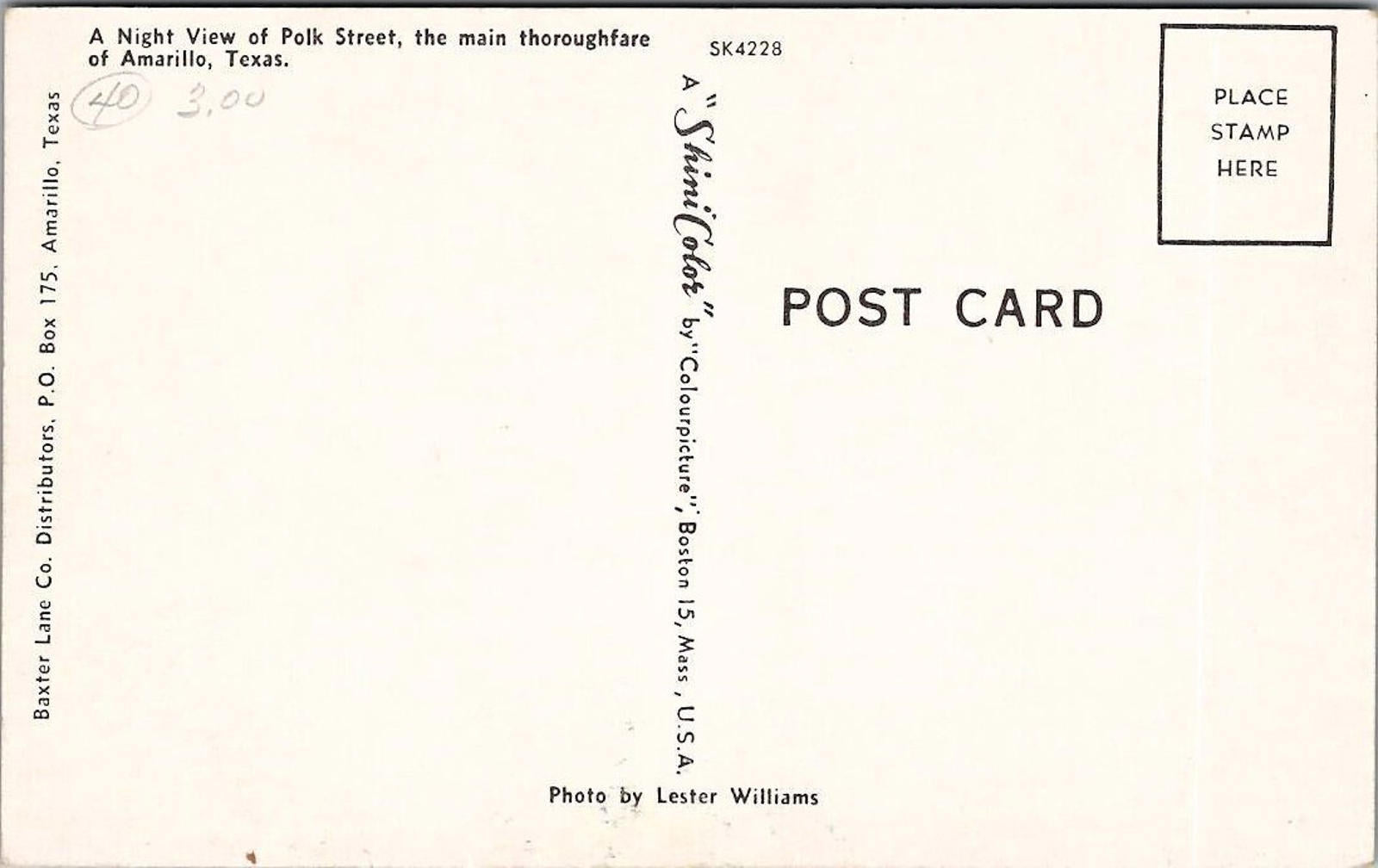 Night View Polk Street Amarillo Texas Photo Lester Williams Shini Color Postcard