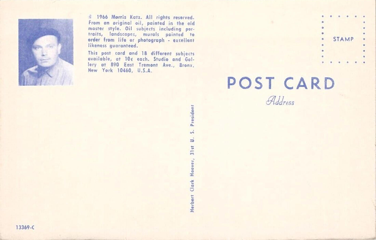 Postcard Herbert Hoover 31st US President Morris Katz from Original Oil Painting