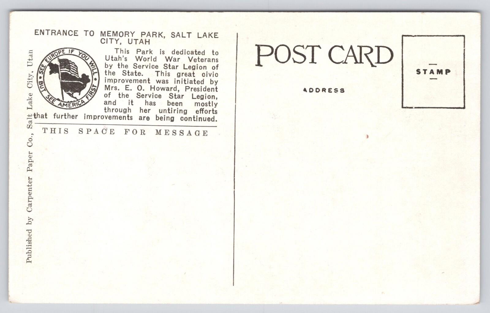 Postcard Entrance to Memory Park Cit Salt Lake City Creek Canyon 15594 Carpenter