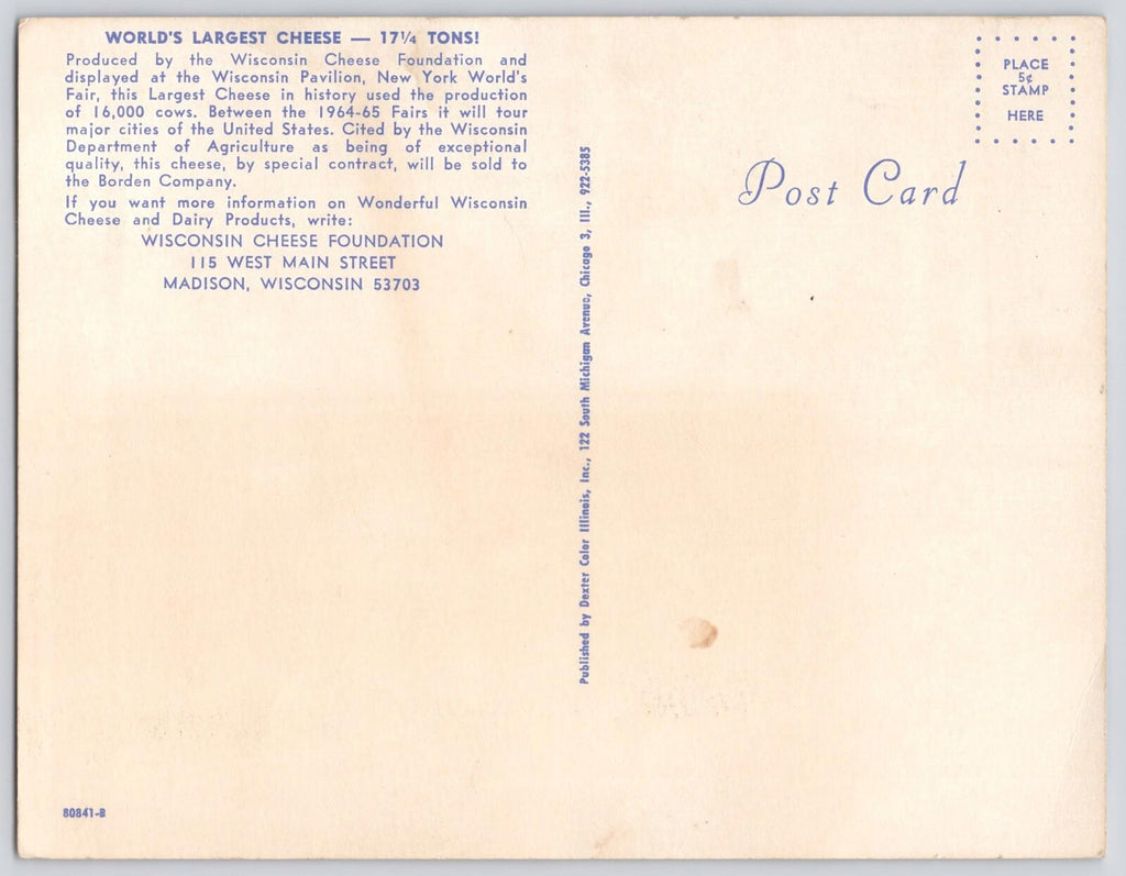 Large Postcard World's Largest Cheese 34,591 lbs of cheddar took 43 1/2 hrs UNP