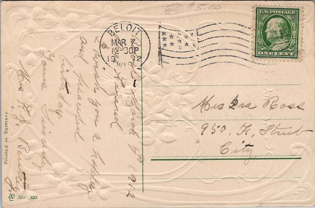 Postcard Birthday Greetings Flowered View ALO Depose Ser: 823 PM MAR 7 1912