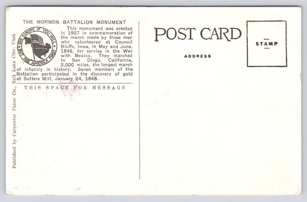Postcard Mormon Battalion Monument Capital Grounds Salt Lake City Utah UNP 15579