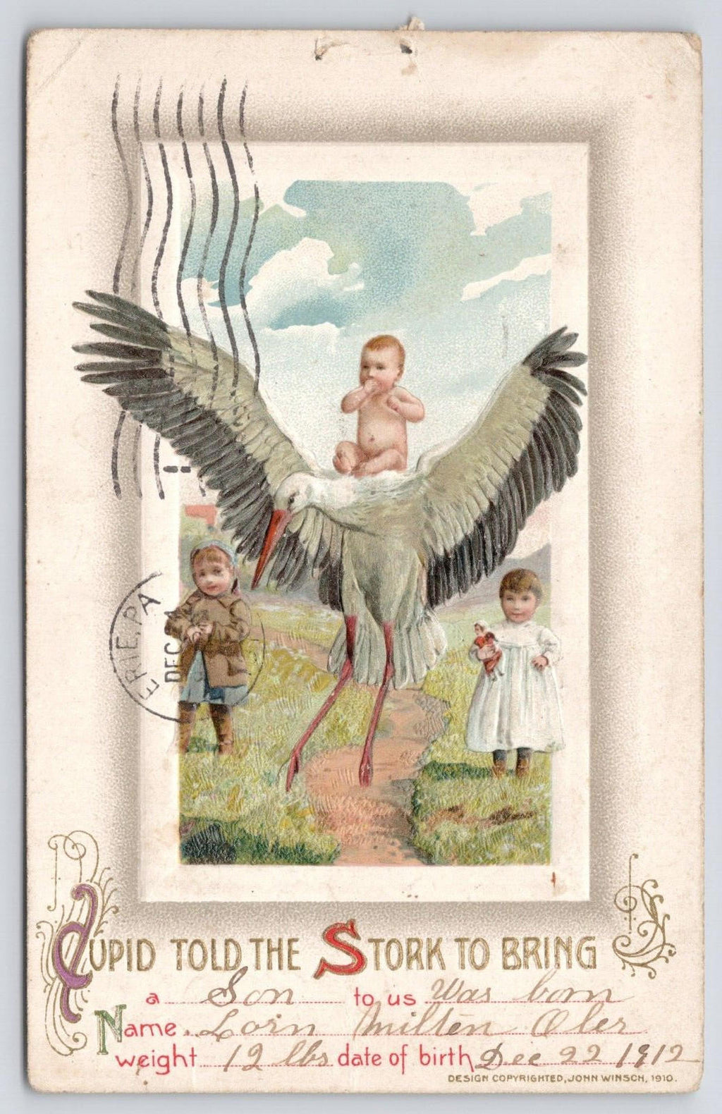 Postcard Cupid Told The Stork To Bring Son Dec 22 1912 PM Erie PA