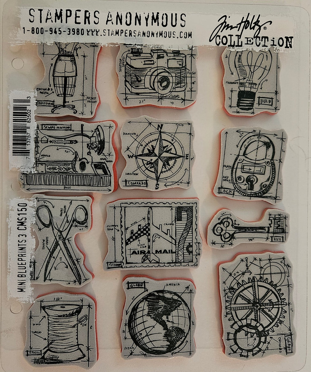 CMS150 Mini Blueprints 3 Stampers Anonymous Tim Holtz Collection Rubber Stamps