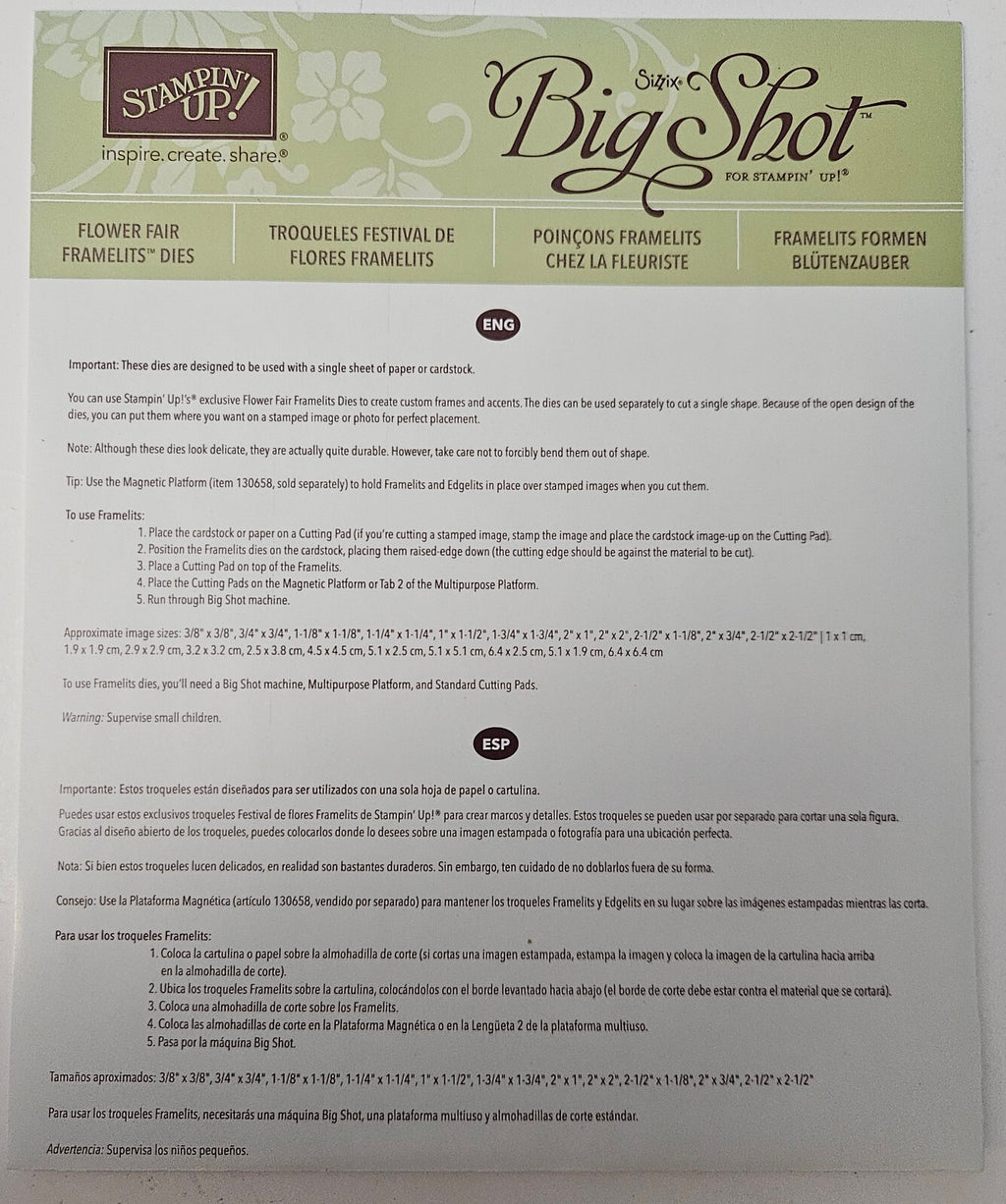 Stampin' Up! Big Shot Flower Fair 11 pcs Framelits Dies Set 133731