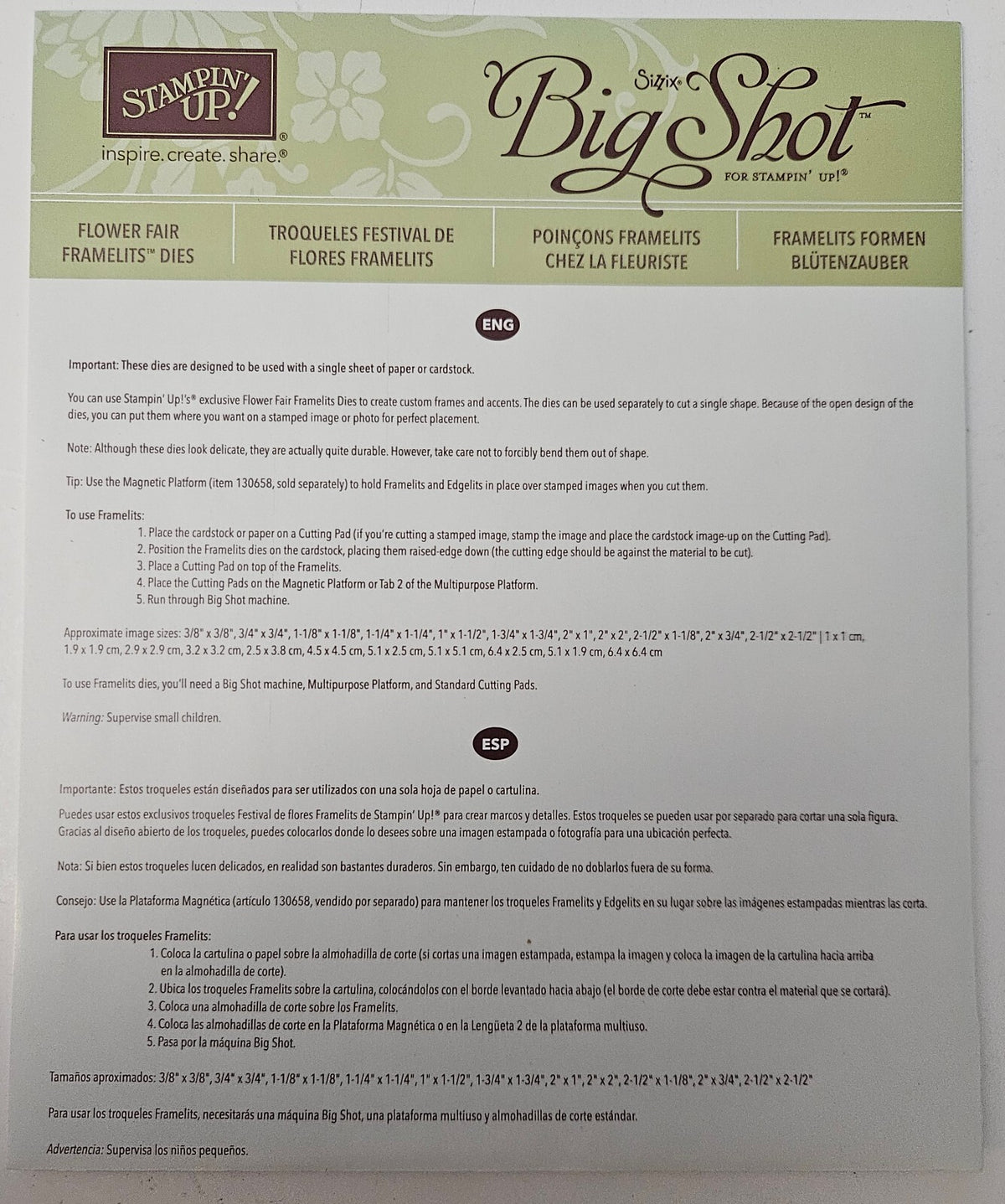 Stampin' Up! Big Shot Flower Fair 11 pcs Framelits Dies Set 133731