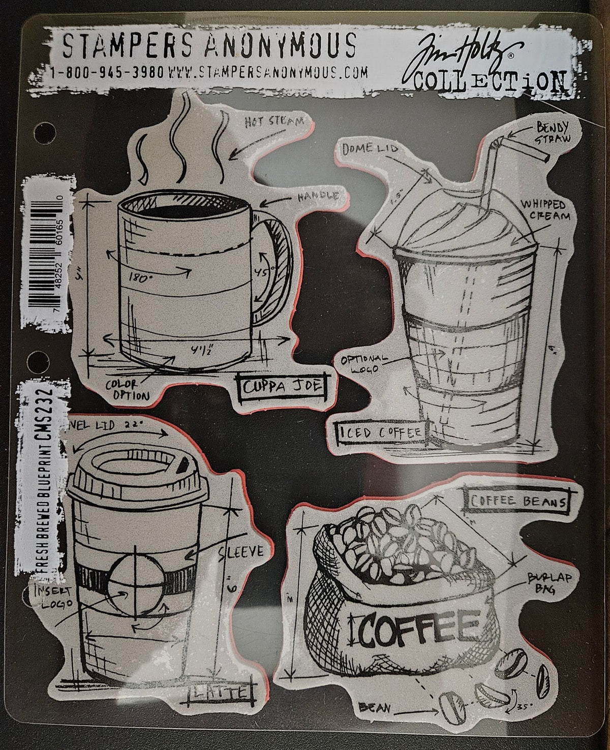 Fresh Brewed Blueprint CMS232 Tim Holtz Coffee Themed Rubber Stamp Set 4 pc