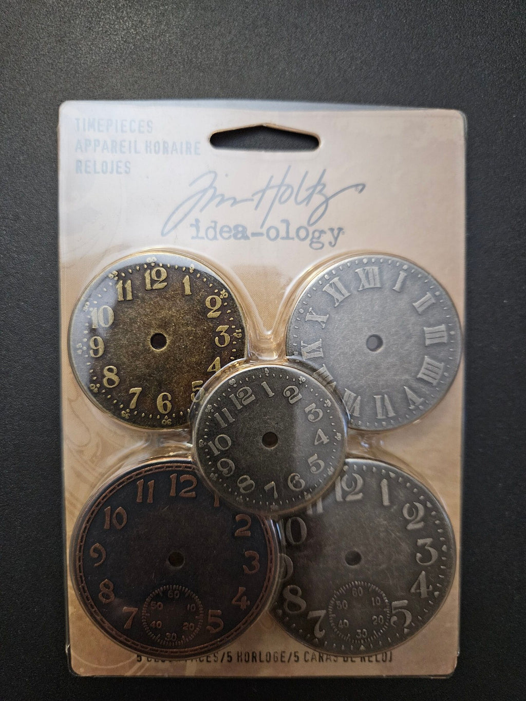 TH92831 Tim Holtz Idea-Ology Metal Clock Faces 5/Pkg-Antique Nickel Brass Copper