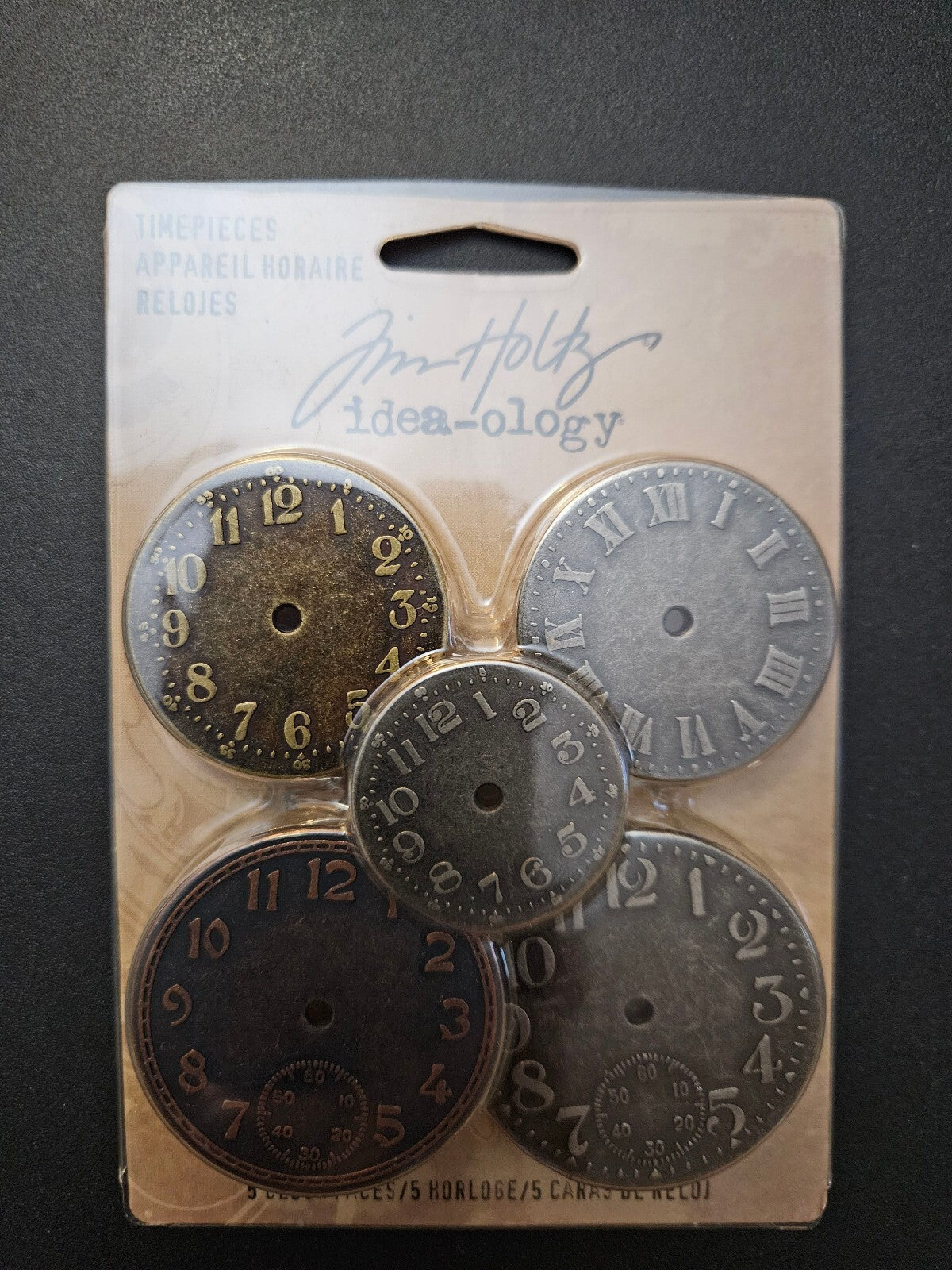 TH92831 Tim Holtz Idea-Ology Metal Clock Faces 5/Pkg-Antique Nickel Brass Copper