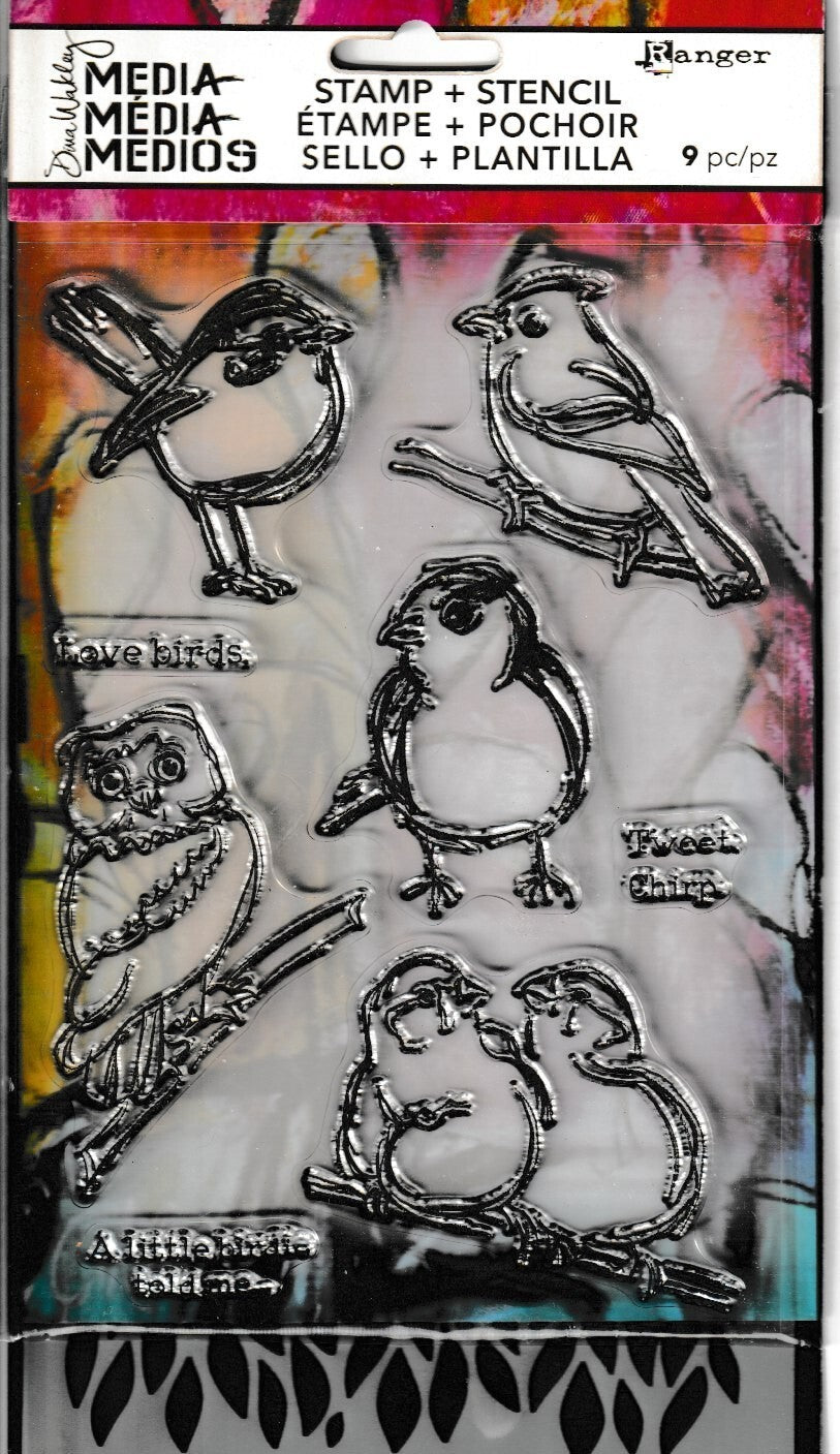 MDZ49548 Dina Wakley Little Birdies Clear Stamp & Stencil Set – 9‑Piece Birds
