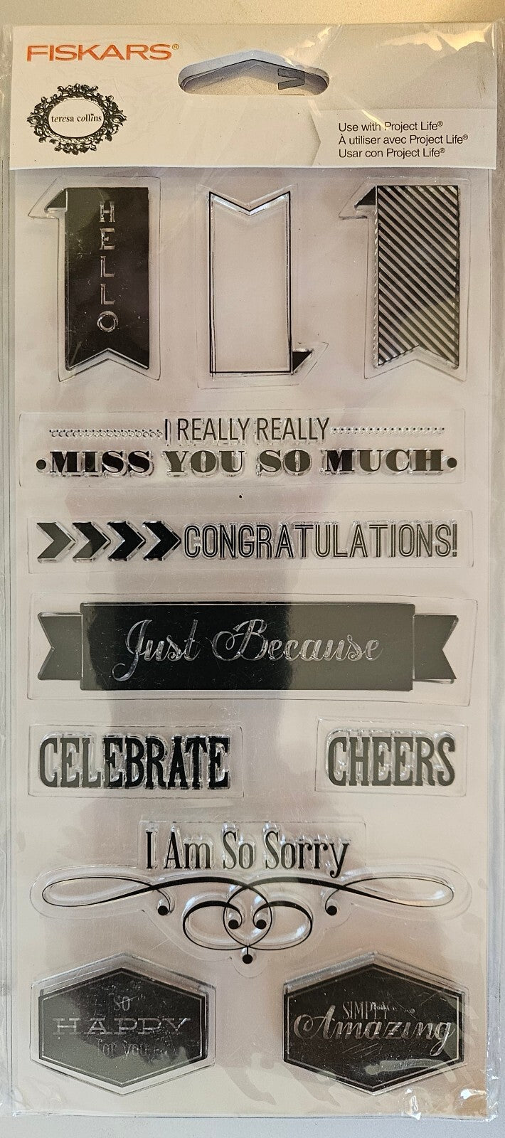 Fiskars Clear Sentiment Stamps for Project Life Scrapbooking by Teresa Collins