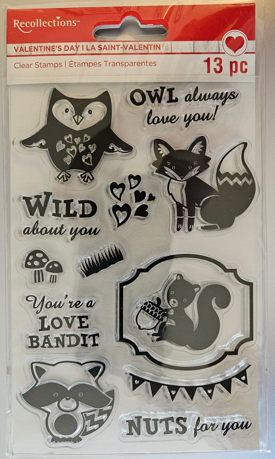 Recollections Valentine's Day Clear Stamps 13-Piece Set NIP Owl Fox Wild Bandit