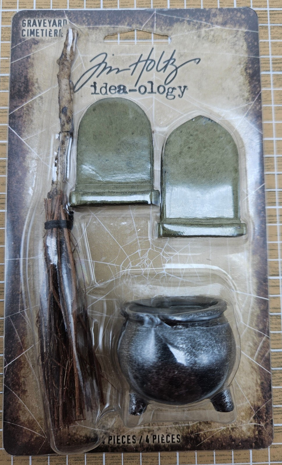 TH94337 Tim Holtz Idea-ology Graveyard Miniature Cauldron Grave Markers Broom