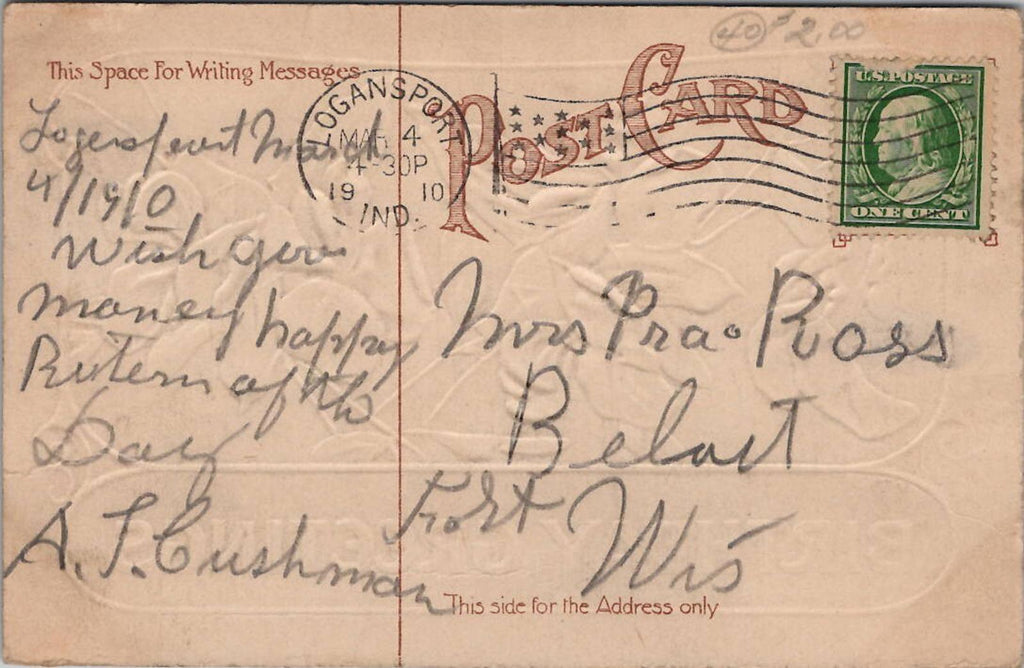 Postcard Birthday Greetings Pink White Flora Ser 20 PM Logansport Ind Mar 4 1910