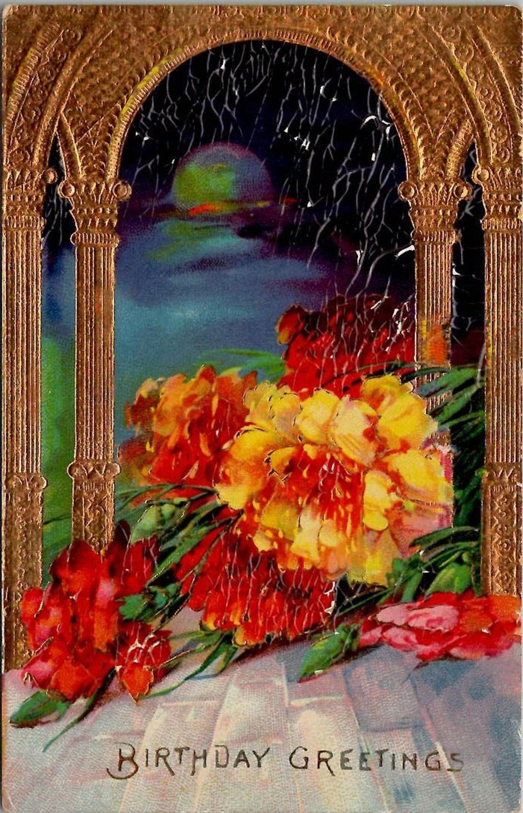 Postcard Floral Birthday Greetings Moon Light Gold Filagree Series 7019