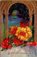 Postcard Floral Birthday Greetings Moon Light Gold Filagree Series 7019